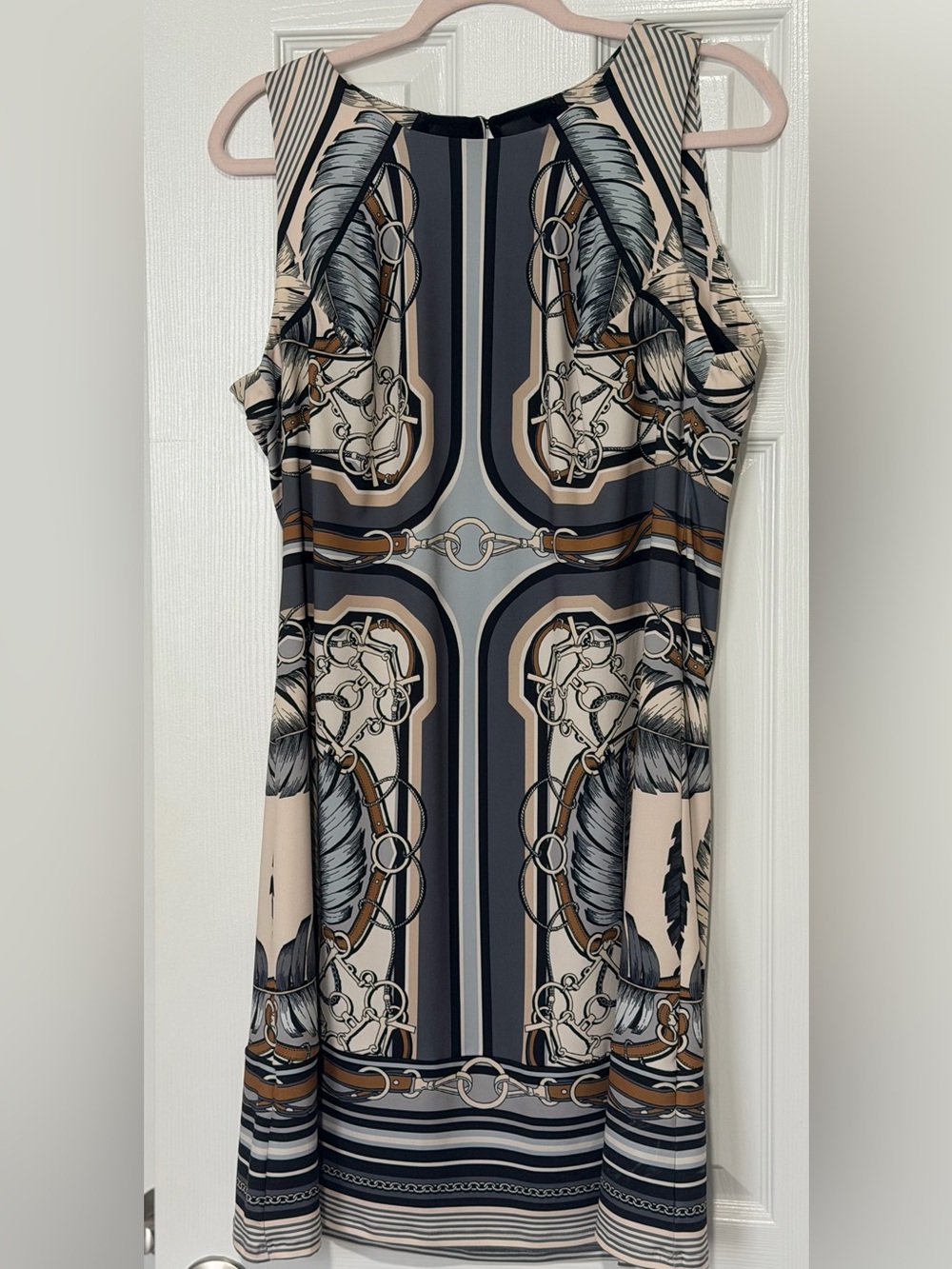 Hale Bob Sleeveless Mini Dress in Beige, Gray and Brown Equestrian Print